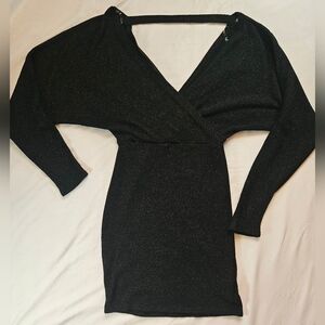 The Vintage Shop Juniors Black Long Sleeve Deep V-neck Mini Dress Size Medium